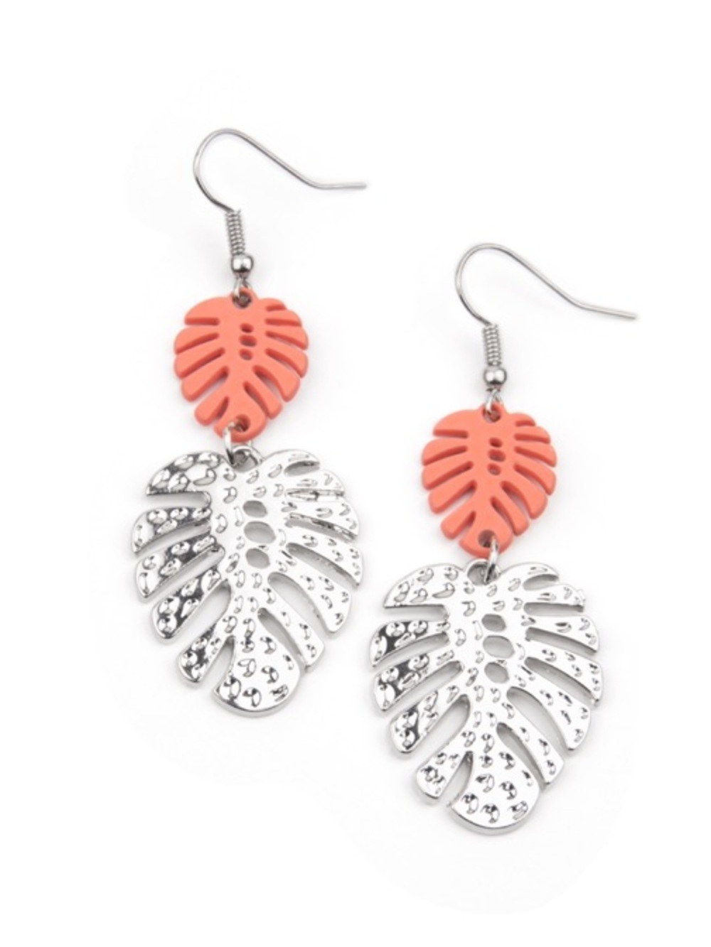 Silver & Coral Monstera Earrings